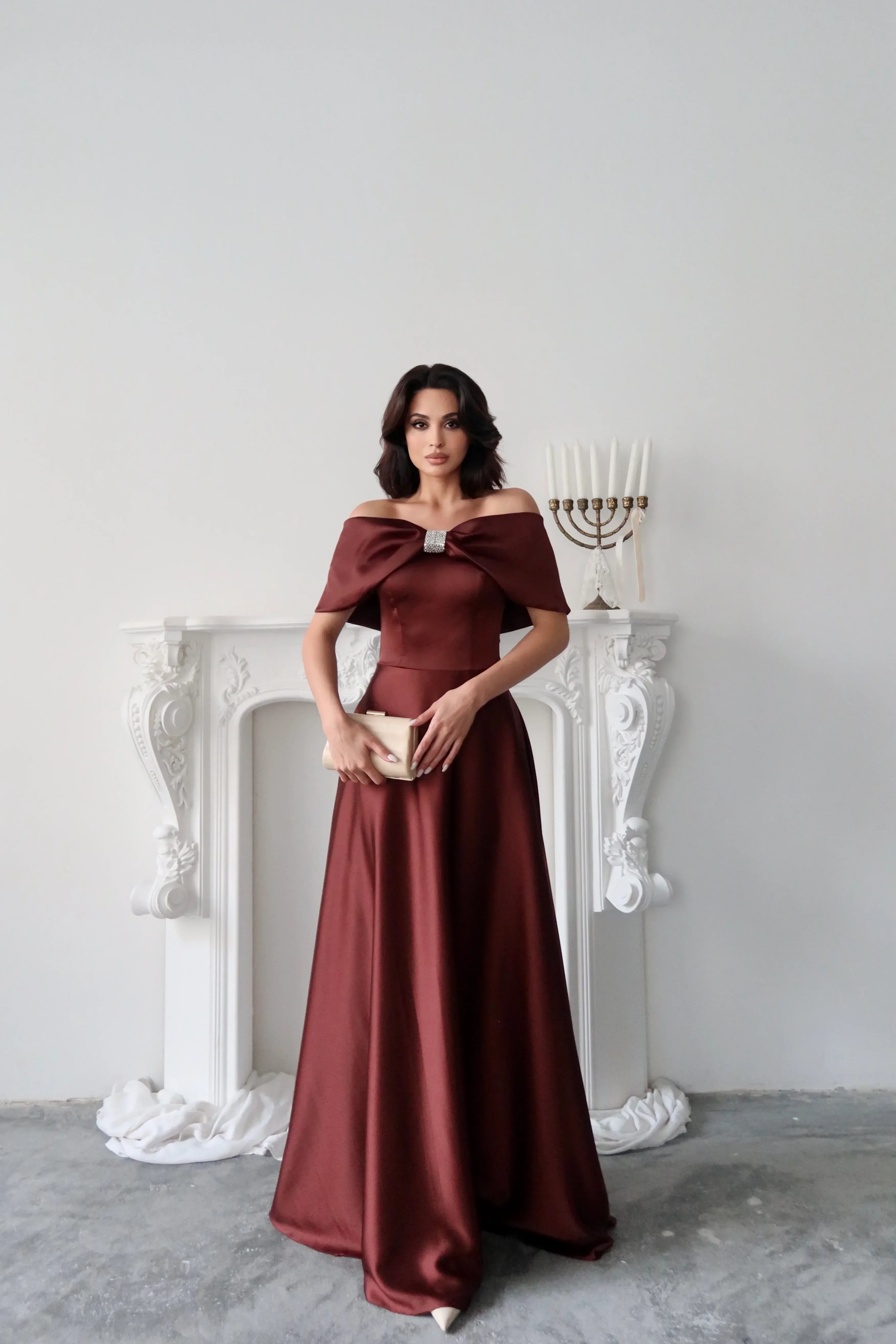 Off-Shoulder Bow Structured Satin Maxi Dress - Deep Brown - Mirelline Store