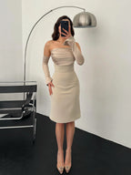Detachable Sleeve Satin Midi Dress - Stone - Mirelline Store
