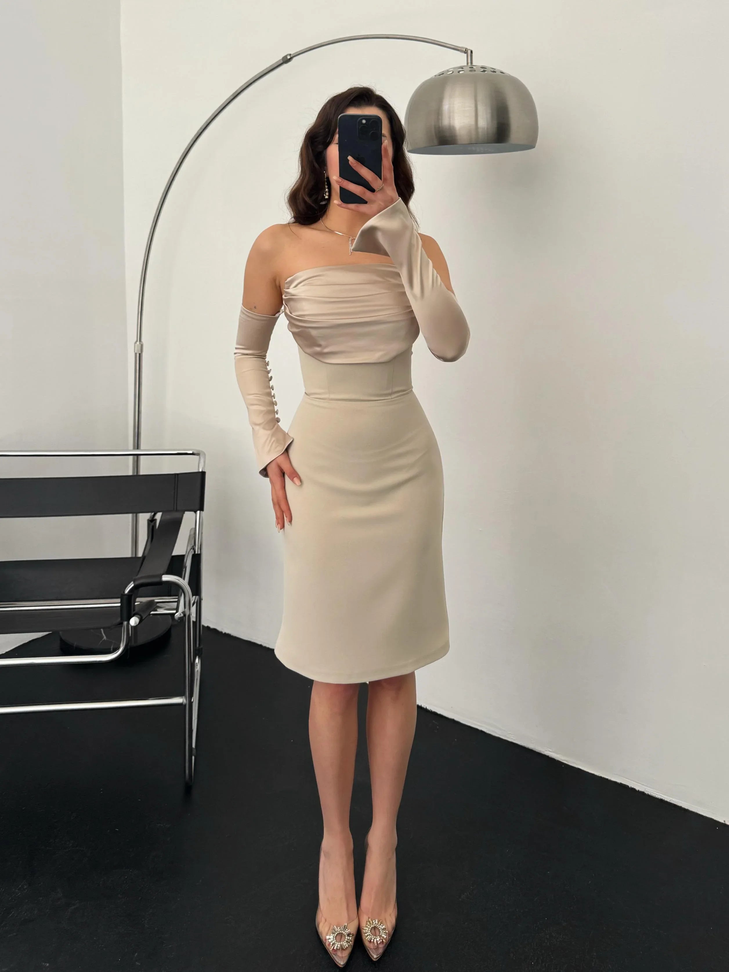 Detachable Sleeve Satin Midi Dress - Stone - Mirelline Store