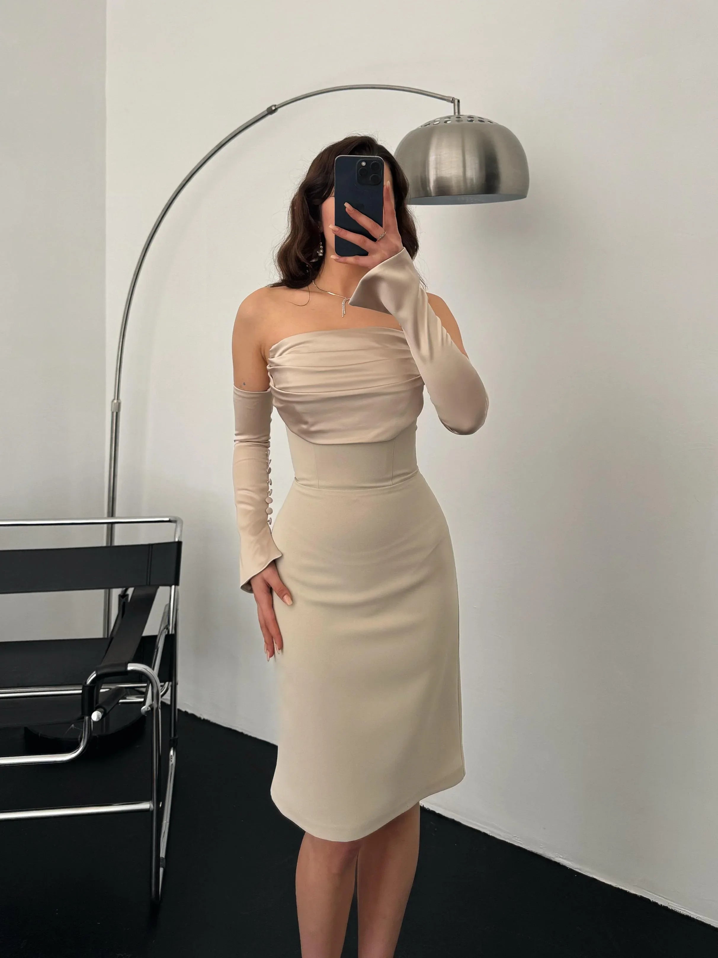 Detachable Sleeve Satin Midi Dress - Stone - Mirelline Store