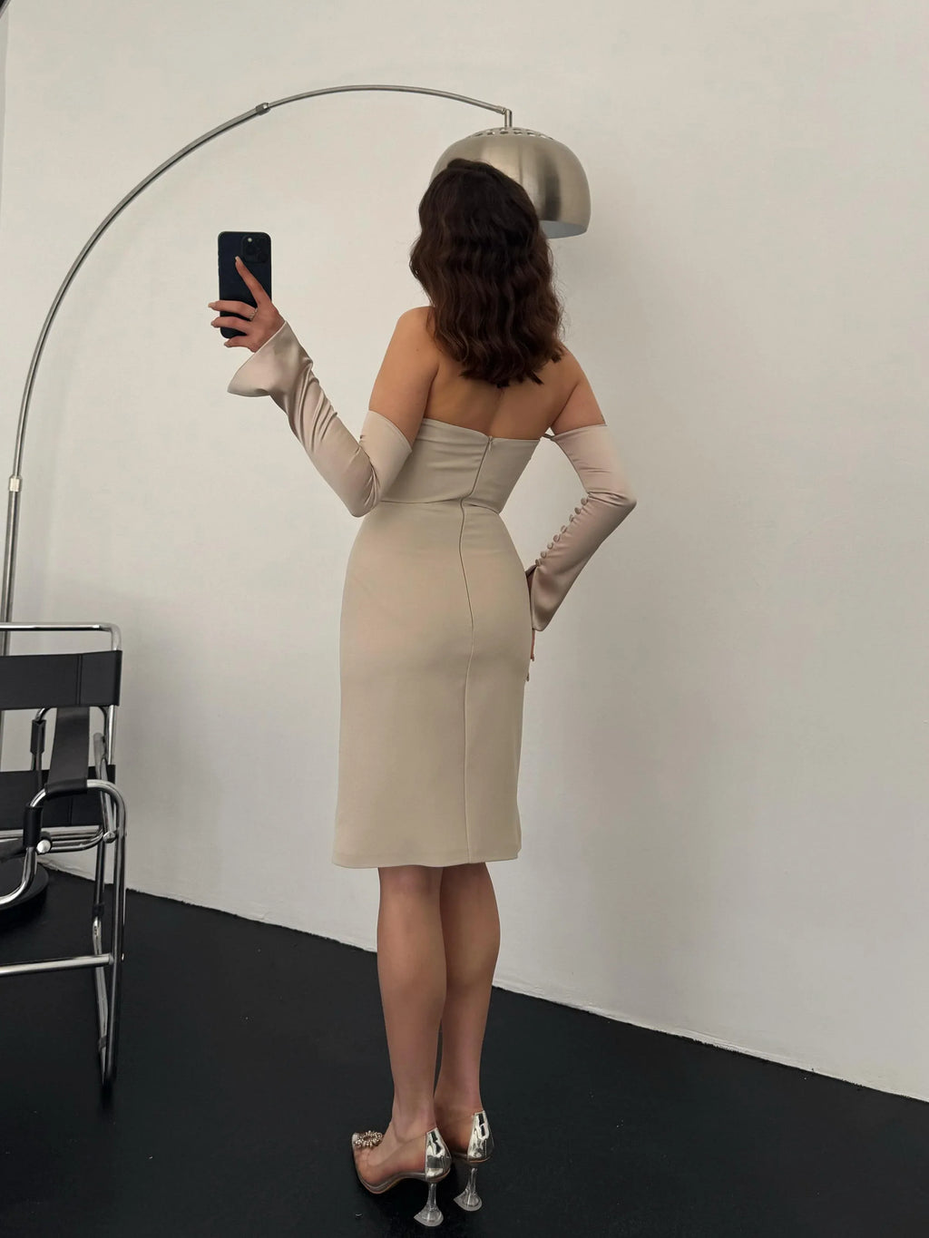 Detachable Sleeve Satin Midi Dress - Stone - Mirelline Store